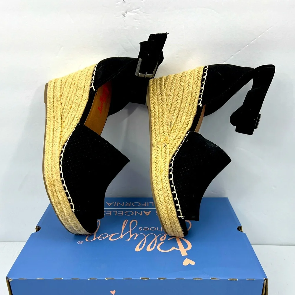JELLYPOP, RAVISHING BLACK ESPADRILLE, PEEP TOE, WEDGES ADJUSTABLE ANKLE LOOP,10M - Picture 8 of 16